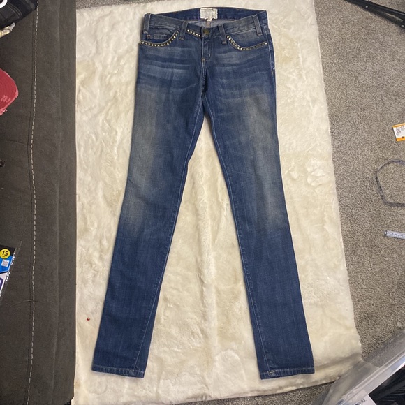Current Elliot | dark denim distressed gold studs straight leg jeans | size 24 - Picture 2 of 7